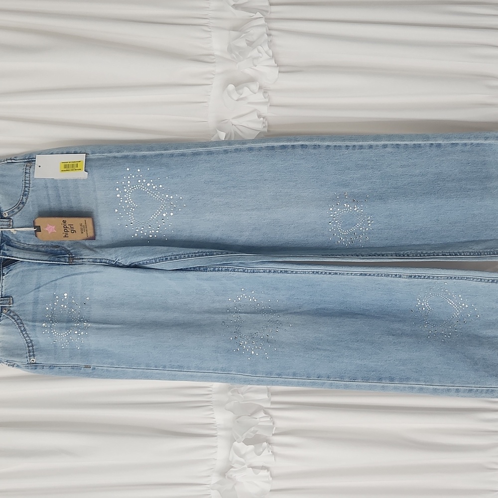 Dillards Hippie Girl, High Rise, Wide Leg, Heart Jeans, Sparkle